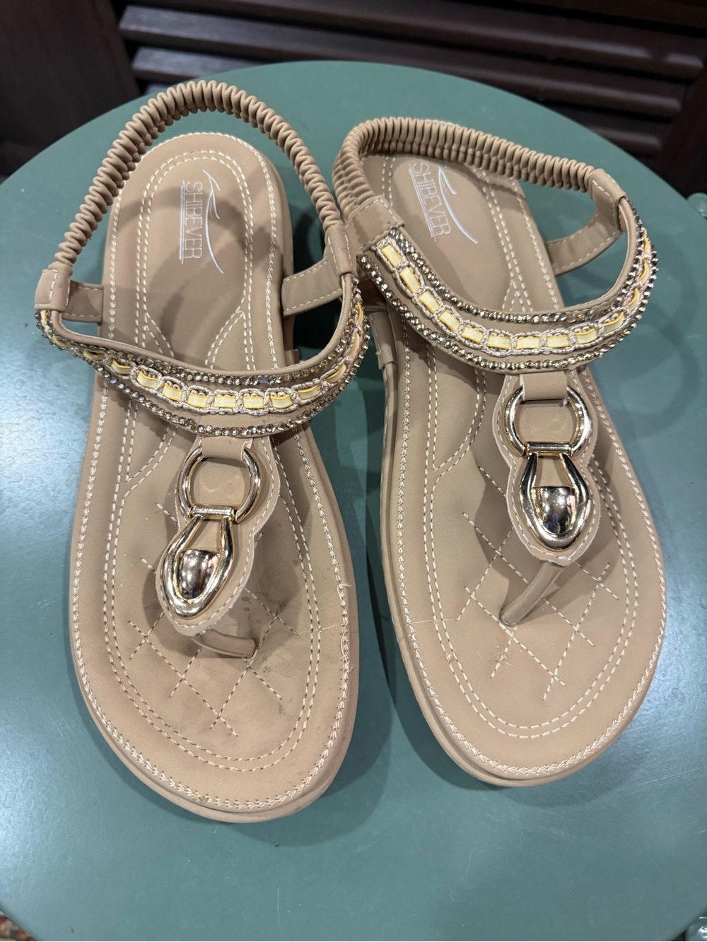 Super comfortable cushion tan gold rhinestone sandals